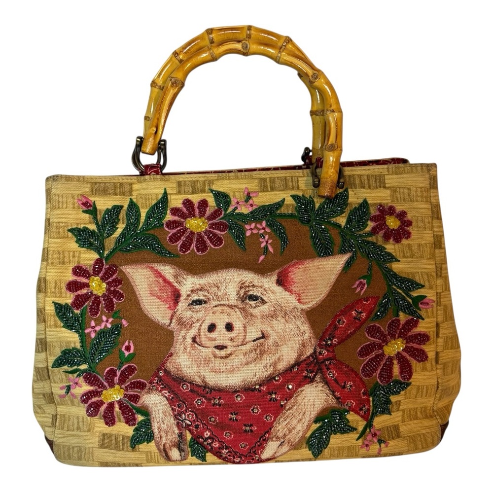 Vintage Isabella Fiore Handbags Bag Country Tan Beaded Pig Red Bandana Purse - Picture 1 of 8